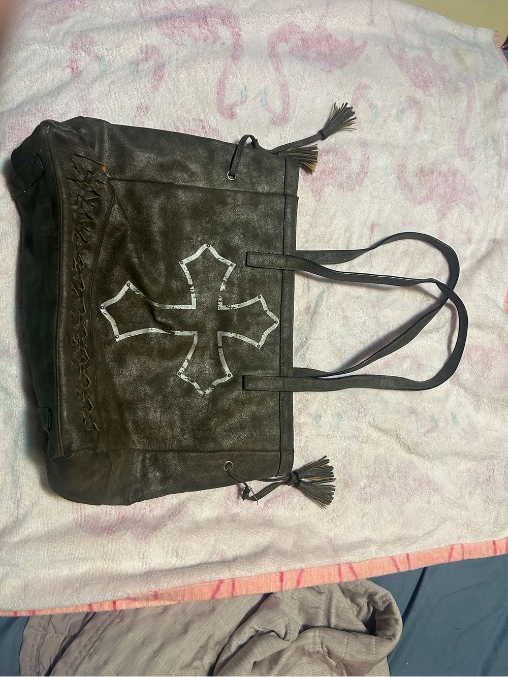 Gray  Leather Tote Bag with Cross Accent